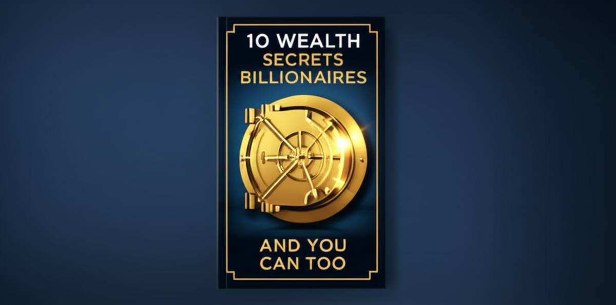 Book cover: 10 Wealth Secrets Billionaires Know. Golden vault door, blue and gold design.