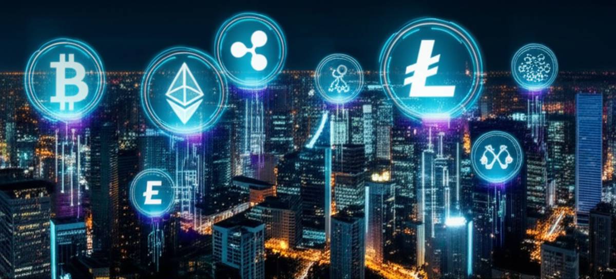 Top cryptocurrencies 2025: Bitcoin, Ethereum, Ripple, Litecoin, Cardano in futuristic cityscape.