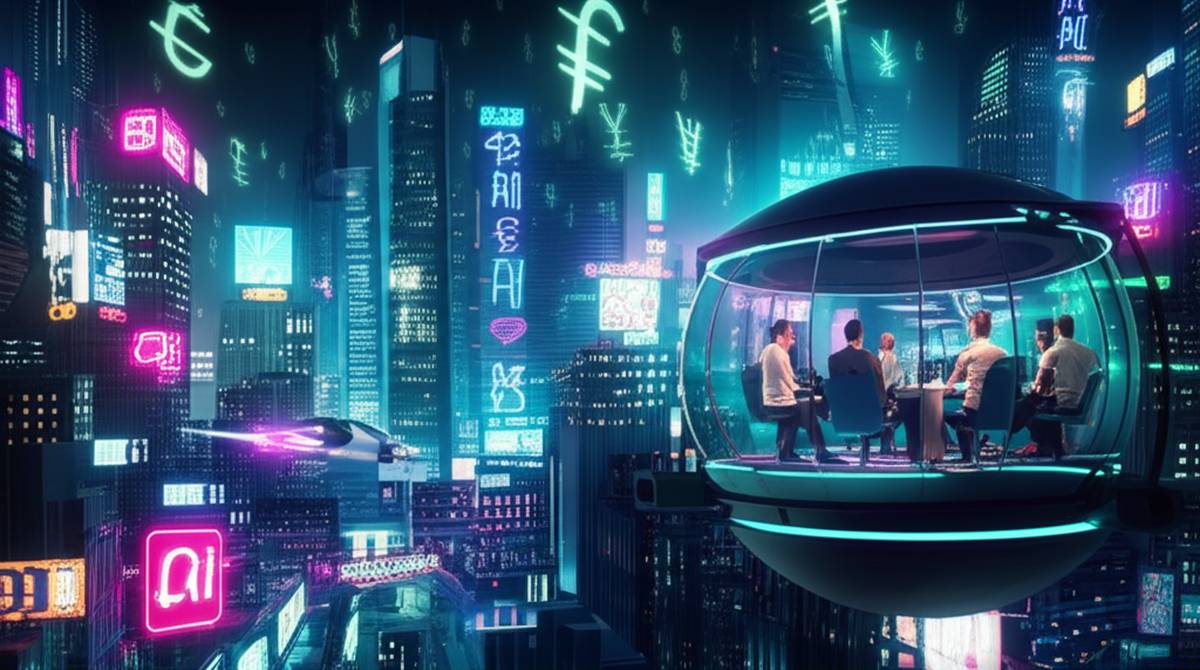 AI businesses 2025: Futuristic cityscape with neon AI ads, hovercars, & digital currency. Start your AI venture today!