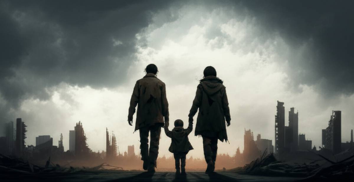 Book cover illustration: Surviving Life After the Bombs Fall. Family walking away from destroyed city.