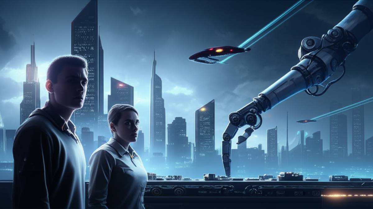 AI Automation: Human vs. Robot in Futuristic Cityscape