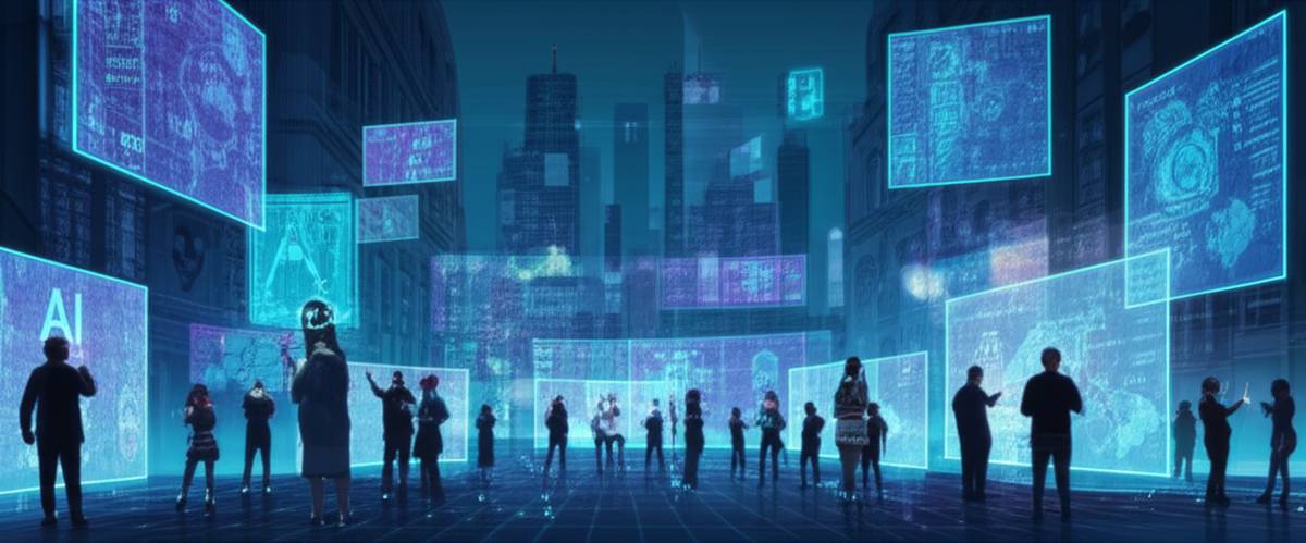 AI & Viral Content Future: Holographic city with trending topics & AR interaction.