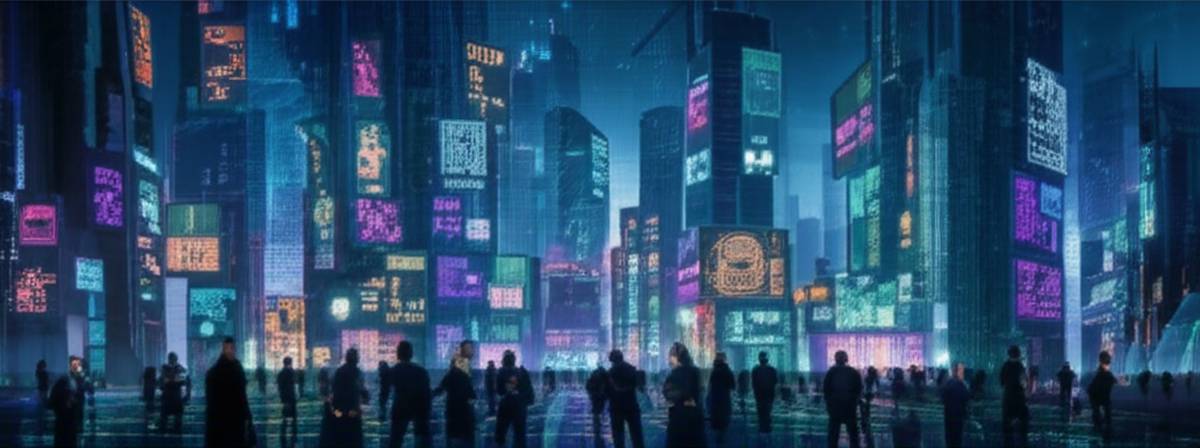 AI content ranking in 2025: futuristic cityscape with algorithms and data visualizations.