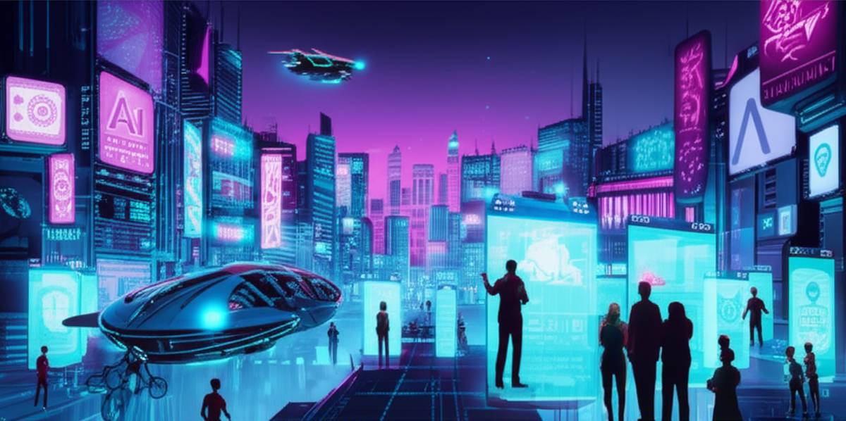 AI video creation software futuristic cityscape with holographic ads.