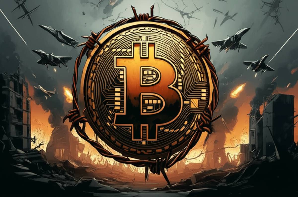 Bitcoin and Geopolitics: Bitcoin symbol in barbed wire, war backdrop.