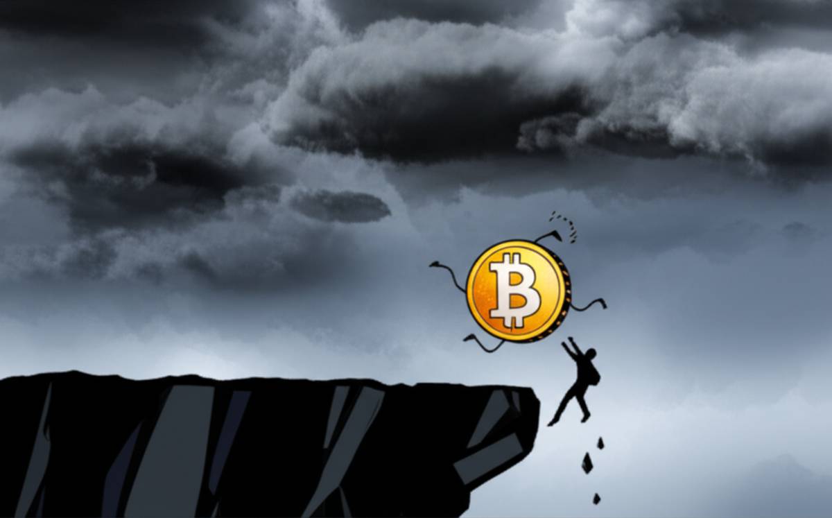Crypto investing risk: Cryptocurrency figure on cliff edge. Market volatility illustration.