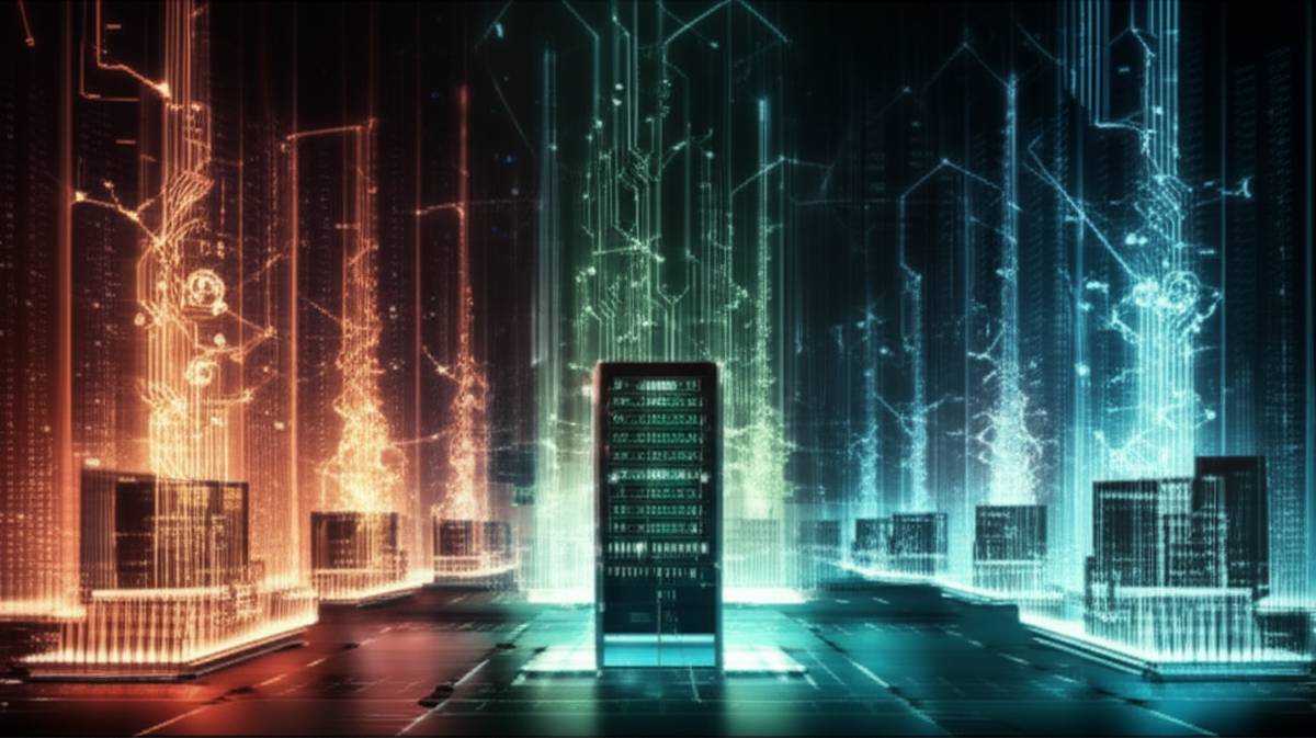 Cyberwar landscape: Digital battlefield with code, firewalls, and global data streams.