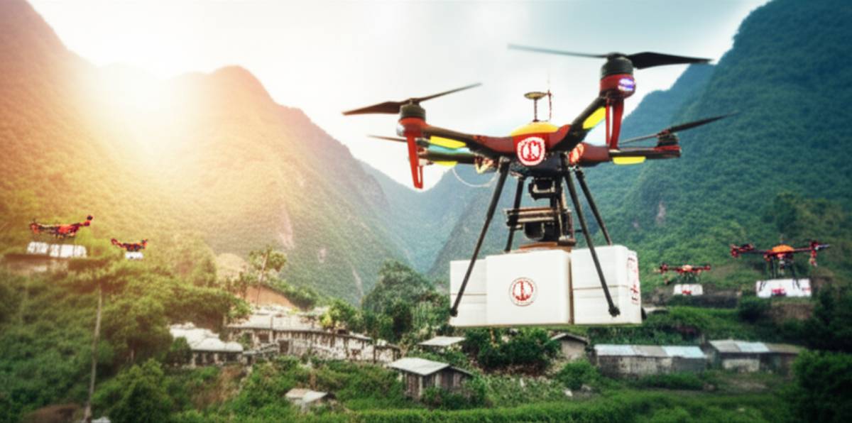 Drones delivering aid to remote village, bringing hope and essential supplies.
