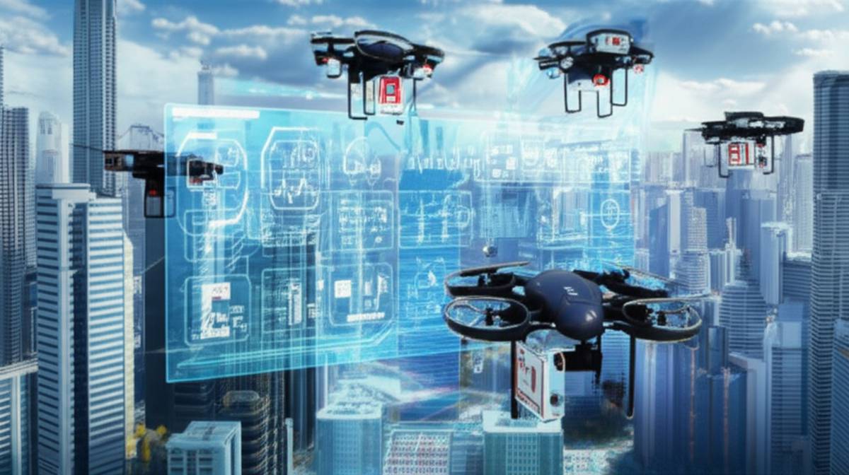 Drones delivering medical aid in futuristic city - saving lives.