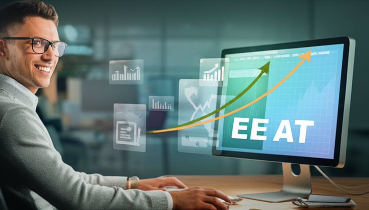 E-E-A-T SEO: Expert analyzes website ranking report with upward trending graph.
