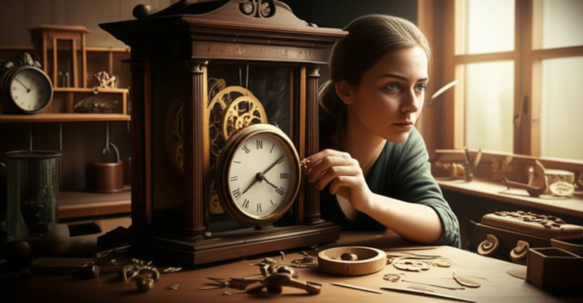 A woman thoughtfully repairing an antique wooden clock at a workbench, symbolizing self-repair and reflection.