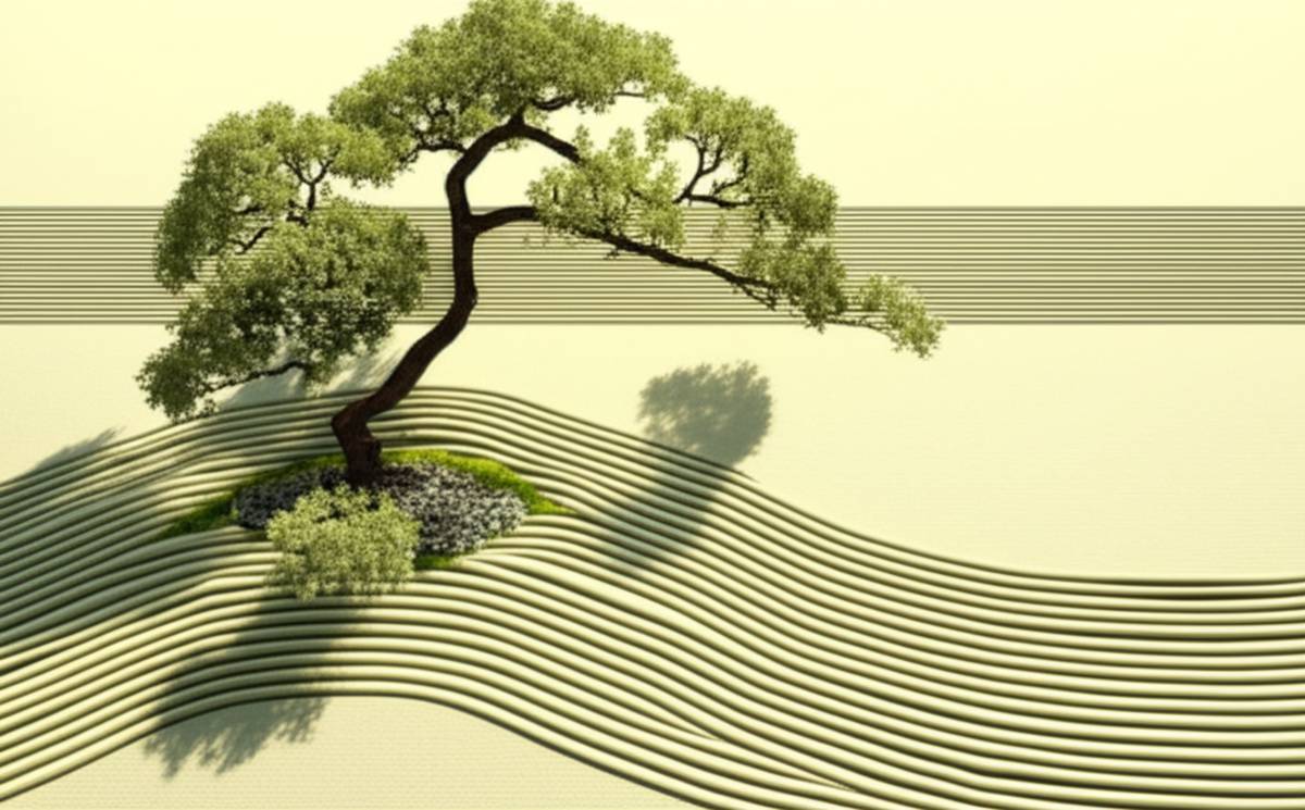 Zen garden with bonsai tree, raked sand, and shadows symbolizing peace.