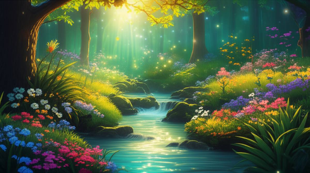 Natural healing landscape: stream, wildflowers, sunlight. Nature's healing power.