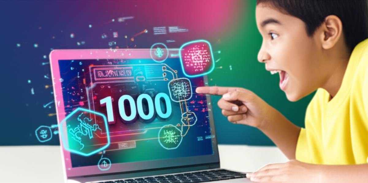Made $1000 Online with AI: Excited person points at laptop screen showing '$1000' & AI icons.