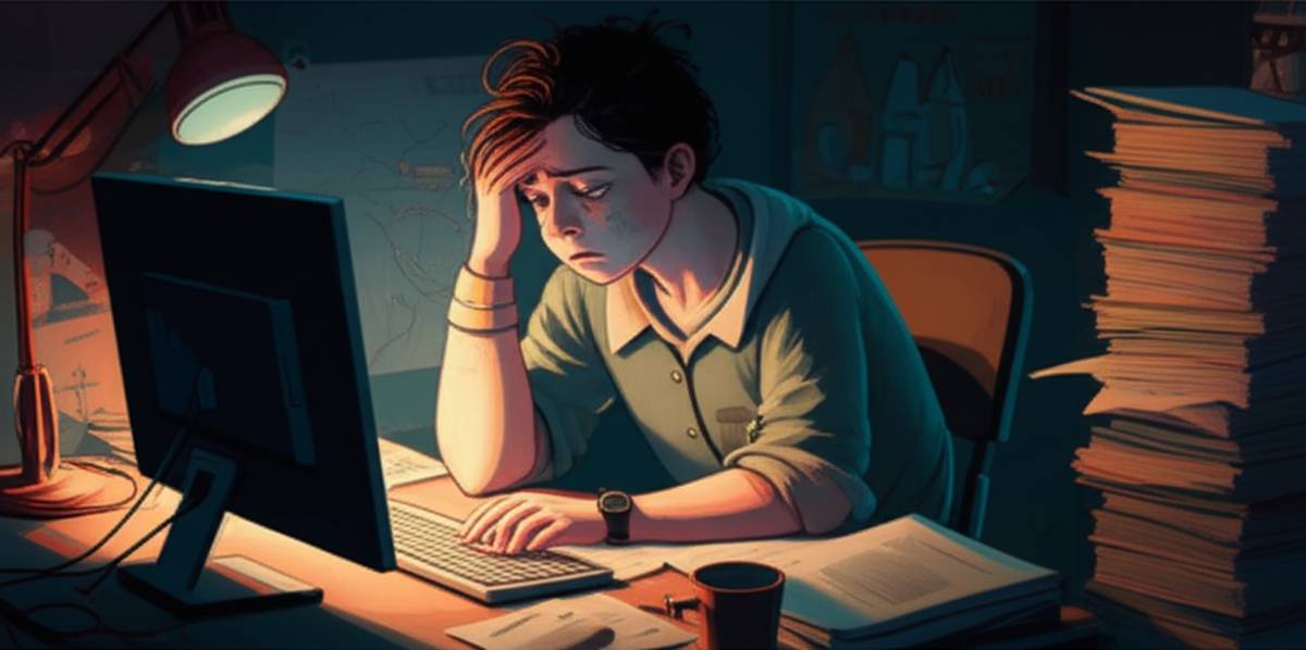 A person looking stressed and overworked at their computer.