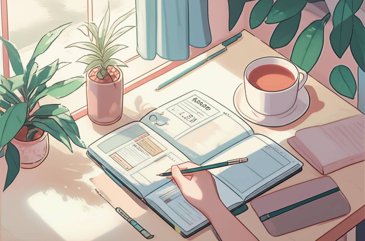 A person thoughtfully planning their day with a balance of work, personal time, and relaxation, escaping the demands of hustle culture.