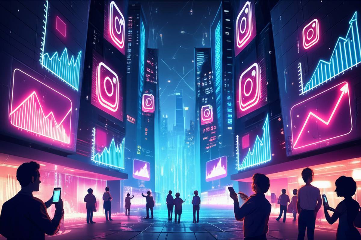 Instagram marketing 2025: Holographic logos & growth graphs on skyscrapers.