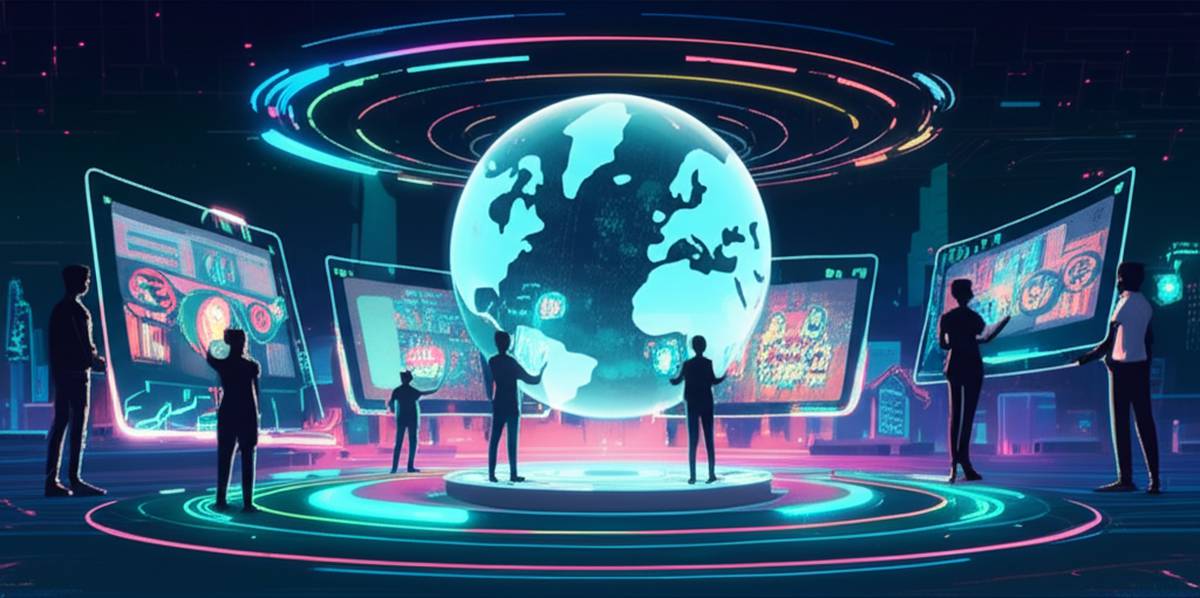 International freelancing in 2025: a futuristic cityscape of global collaboration.