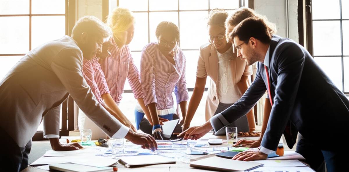 A diverse group of investors collaborating on a project to fund sustainable peace initiatives globally.