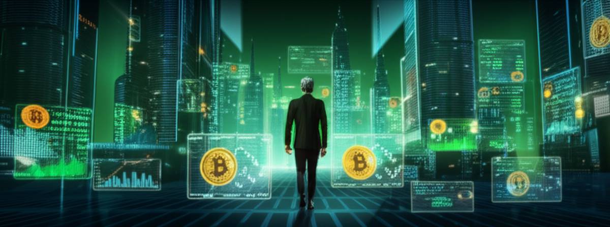 Bitcoin Investment Future: Digital cityscape with Bitcoin charts and investor.