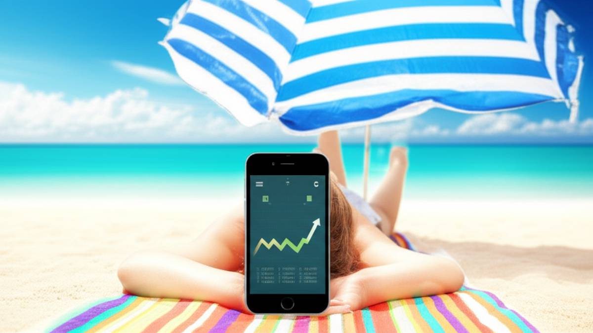 A person relaxing on a beach while their investments grow passively on a smartphone.