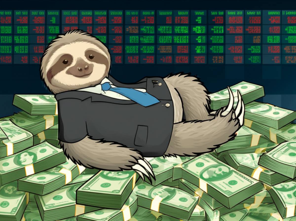 Lazy investing: Sloth in suit on money pile with stock ticker. Cartoon style.