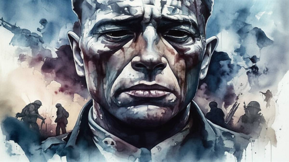 Watercolor painting of traumatized soldier reflecting psychological wounds of war.