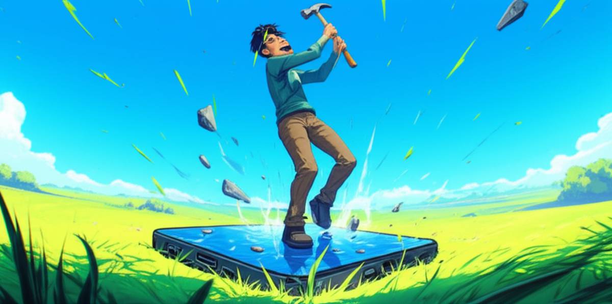 Person smashing phone with hammer in green meadow – digital art representing freedom from social media.