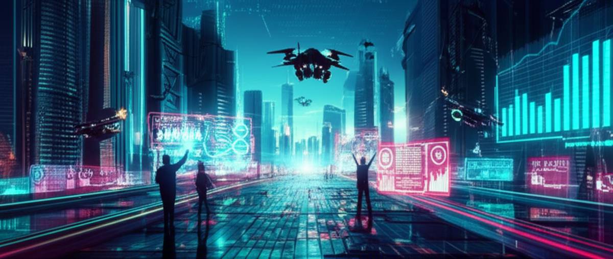 SEO in 2025: Futuristic cityscape with holographic SEO data.