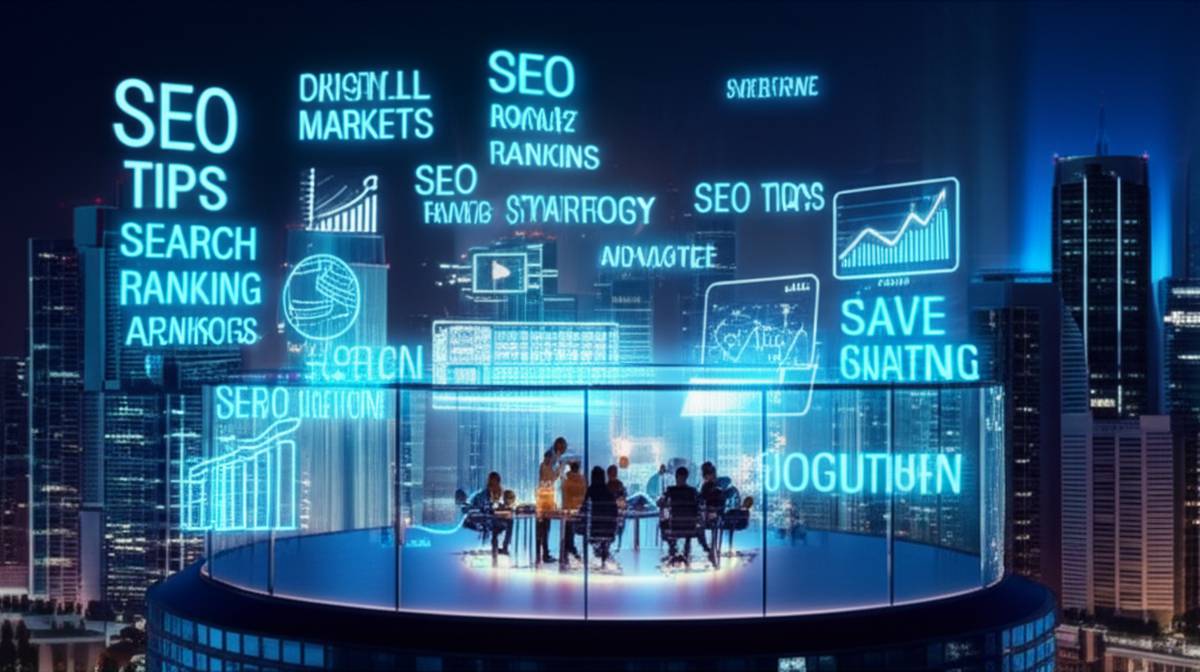 SEO 2025: Futuristic cityscape with SEO tips and digital marketing team.