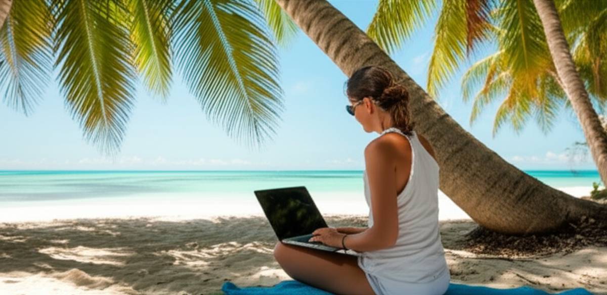 Digital nomad confidently defining success while working on a laptop from a tropical beach.