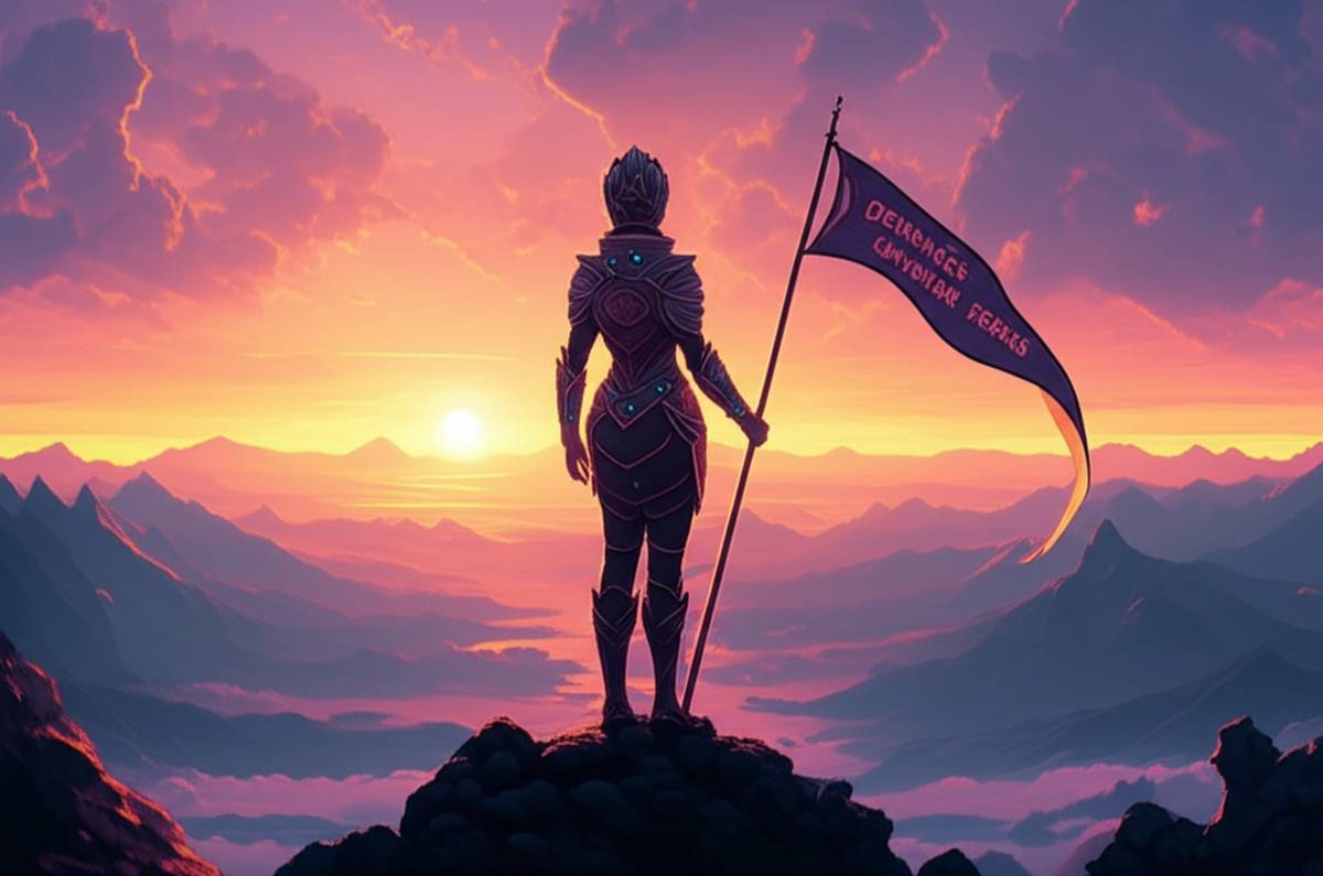 Female warrior defines success on her terms, standing on a mountaintop at sunrise.