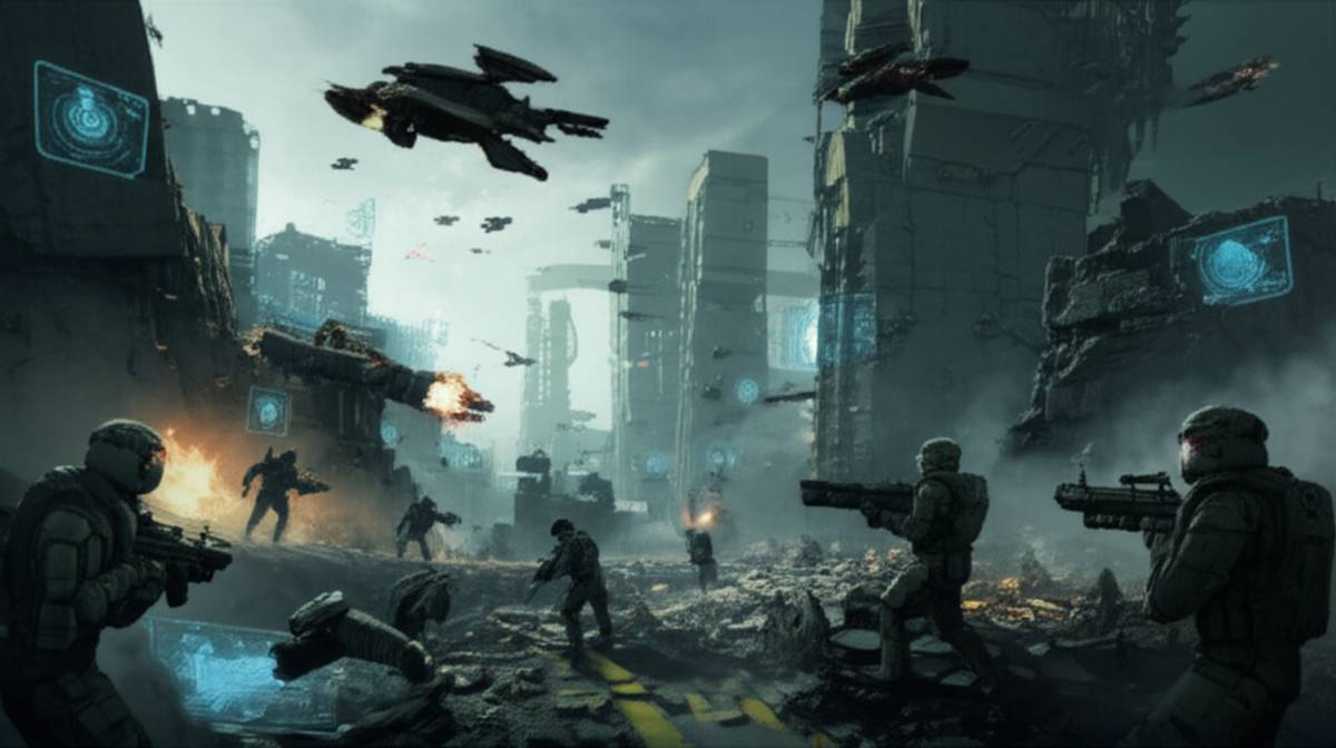 Futuristic battlefield: Tehran to Tel Aviv. Advanced tech, drones, robots, exoskeletons.