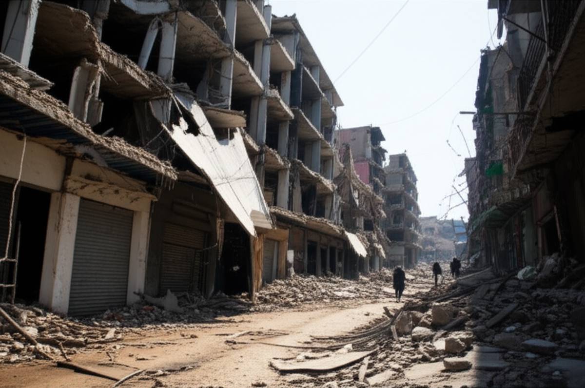War's economic impact: family amidst city ruins. Photojournalism shows hidden costs & destroyed lives.