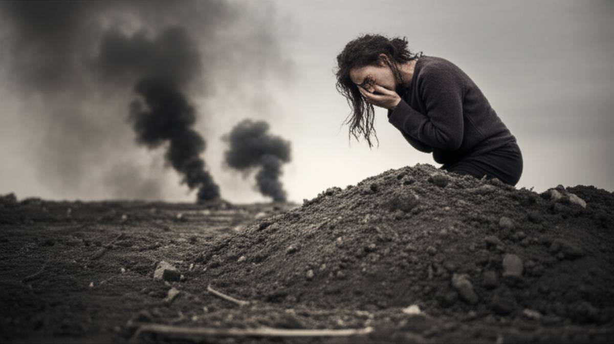 Grieving mother at gravesite - the human cost of war. War photography, desaturated colors, somber mood.