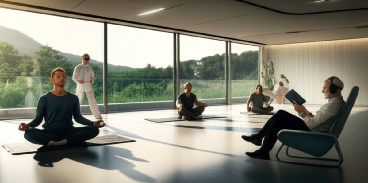 Billionaires mind training: Meditation, Tai Chi, and cognitive enhancement in a sunlit minimalist room.