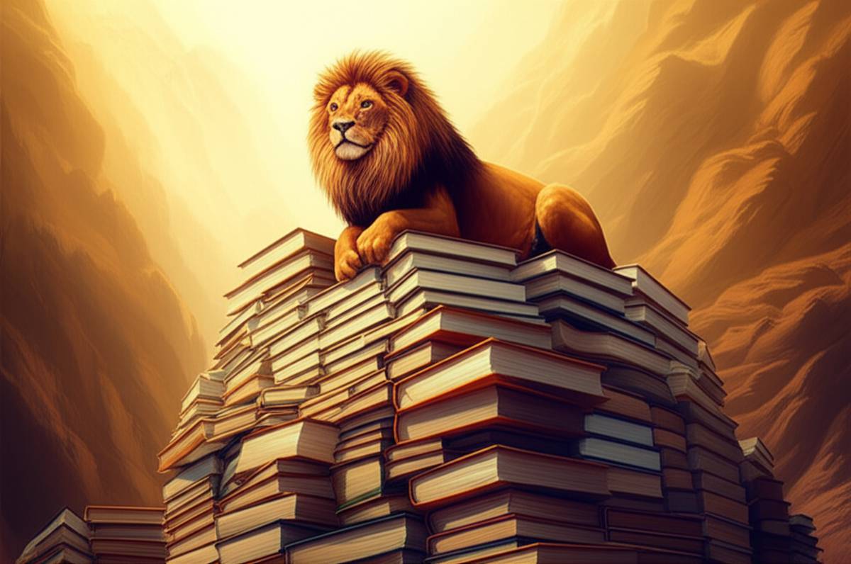 Lion on mountain of books: Topical authority for SEO mastery.