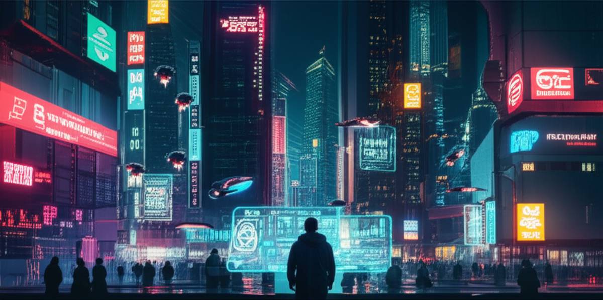 AI passive income 2025: Futuristic cityscape with AI financial tools.