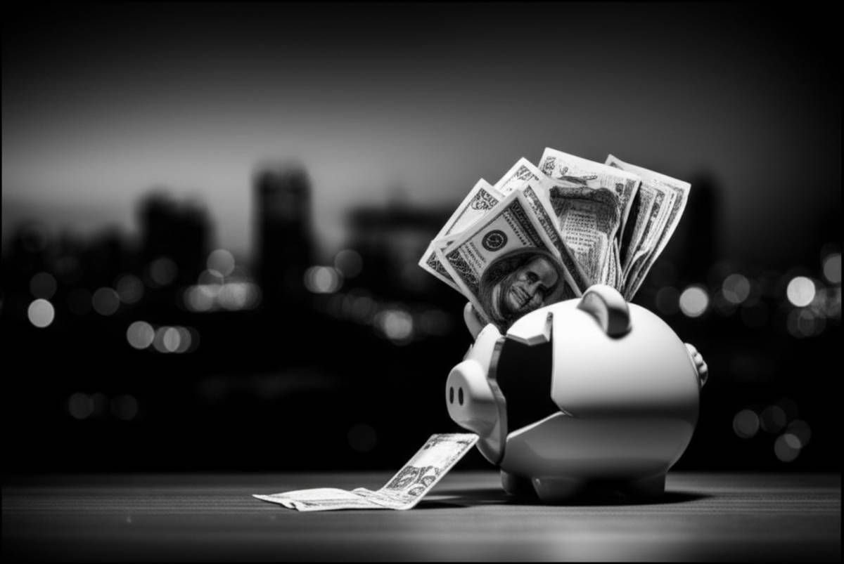 Cracked piggy bank with money. Financial pressure, wealth habits, and building fortune concept.