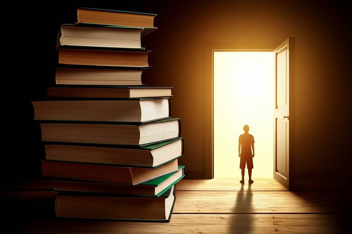 Unread books, open doorway, and silhouetted figure representing opportunity and fear.
