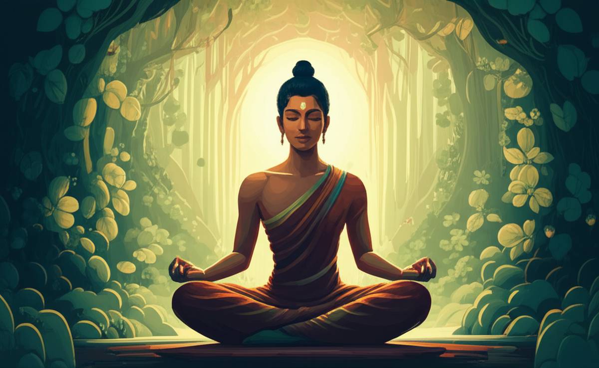 A person meditating in nature, seeking Marefat, with a clear Meram in their heart, understanding their Zat.