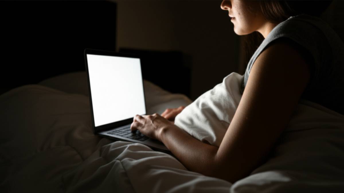A person awake in bed at night, illuminated by the glow of a laptop screen, using insomnia for creative writing.