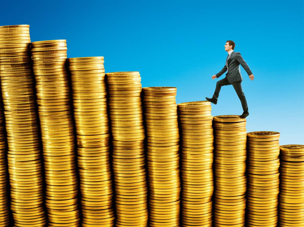 Climbing mountain of gold coins: hard work beats talent for wealth.
