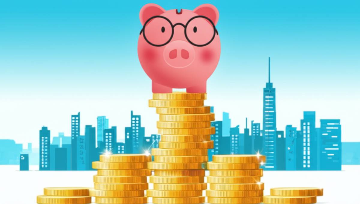Financial literacy: Piggy bank with glasses on gold coins in a city.