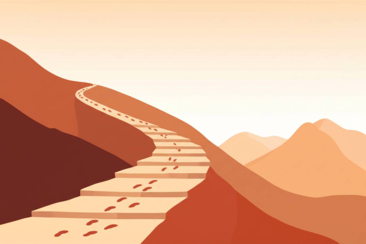 Mountain path with footprints: Small steps lead to big achievements.