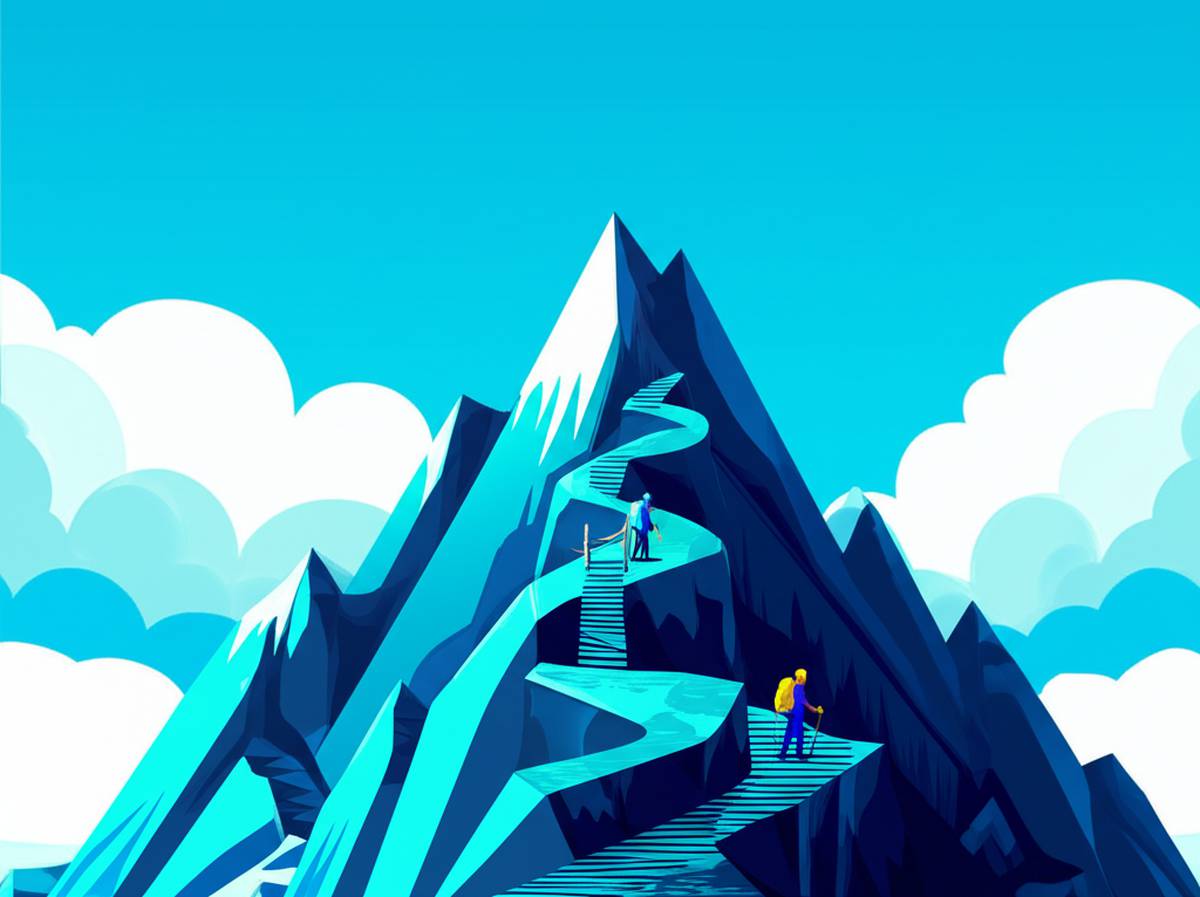 Challenges for Growth: Climber overcoming obstacles on a mountain path.