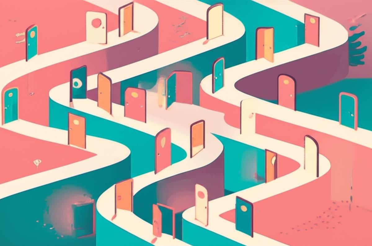 Everything happens for a reason mindset illustration with symbolic paths and doors opening