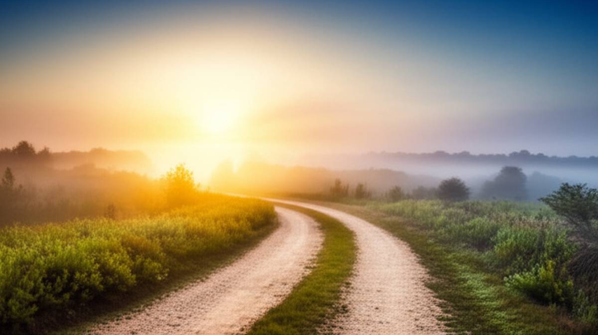 Winding path to sunrise: Hope and new beginnings in life's journey. Everything happens for a reason.