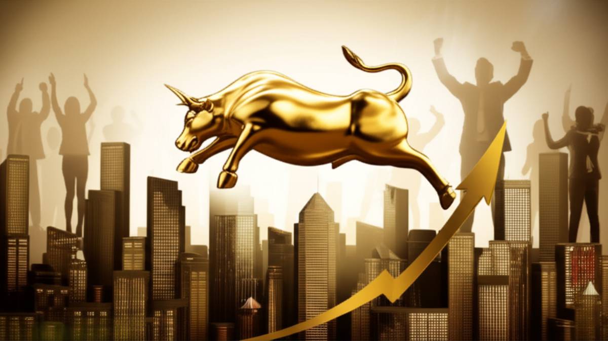 Golden bull leaping over cityscape. Wealth creation and financial freedom.