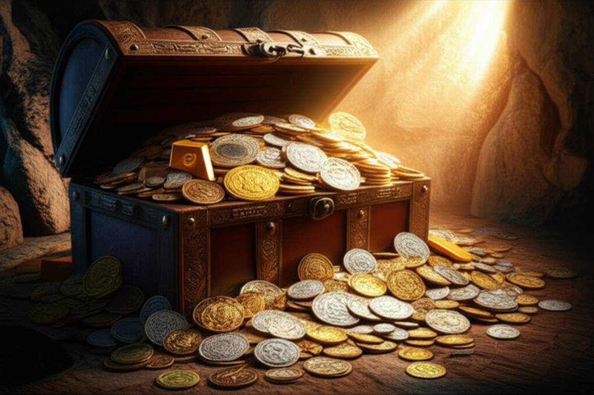 Ancient treasure chest overflowing with gold and silver coins and bars.